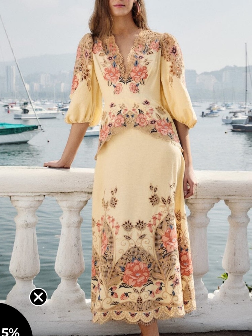 Farm Rio Flower Pottery Sand Embroidery Long Sleeve Midi Dress Yellow Large